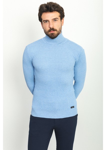 Dokulu Açık Mavi Renk Slim Fit Tam Balıkçı Yaka Erkek Kazak fırsatları
