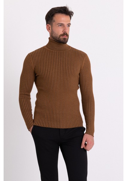Çizgili Kamel Slim Fit Tam Balıkçı Yaka Erkek Triko Kazak