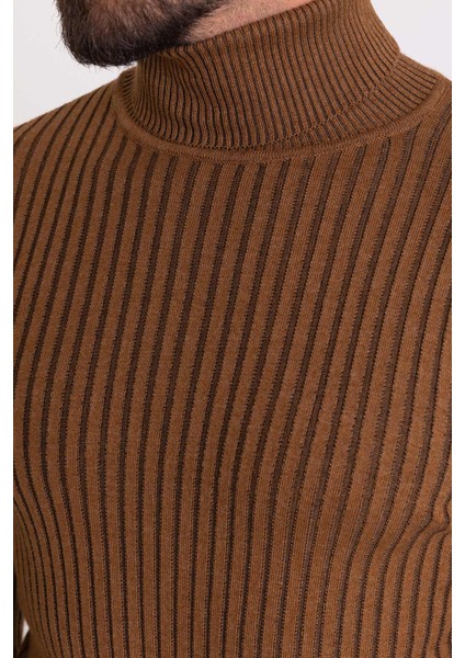 Çizgili Kamel Slim Fit Tam Balıkçı Yaka Erkek Triko Kazak fiyatları