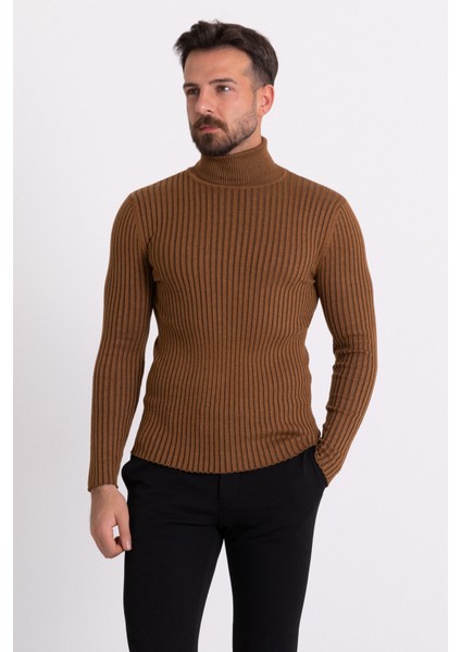 Çizgili Kamel Slim Fit Tam Balıkçı Yaka Erkek Triko Kazak modelleri