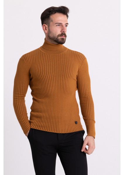 Çizgili Tütün Rengi Slim Fit Tam Balıkçı Yaka Erkek Triko Kazak