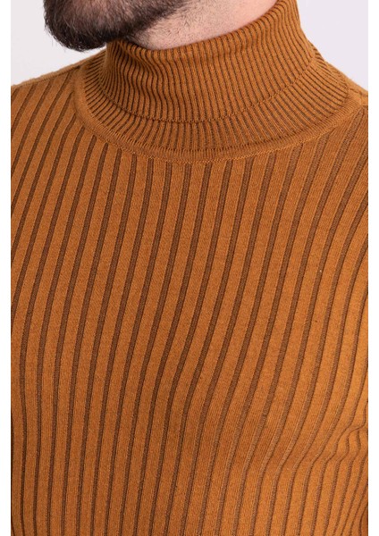 Çizgili Tütün Rengi Slim Fit Tam Balıkçı Yaka Erkek Triko Kazak