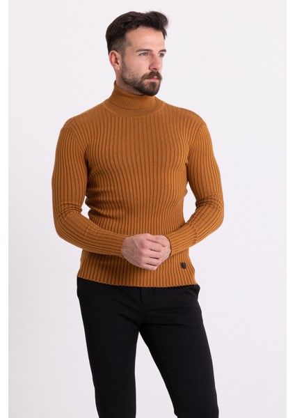 Çizgili Tütün Rengi Slim Fit Tam Balıkçı Yaka Erkek Triko Kazak