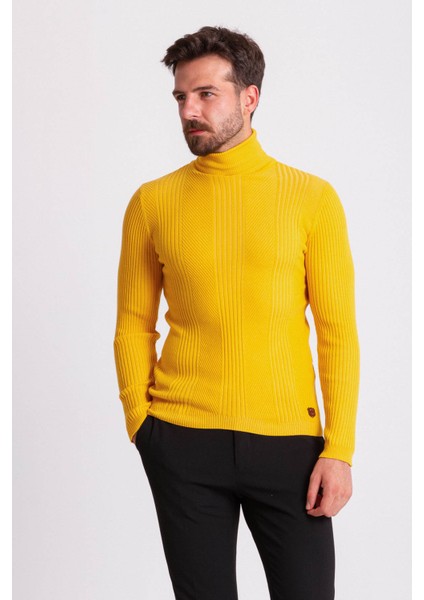 Çizgi Desenli Sarı Slim Fit Tam Balıkçı Yaka Erkek Triko Kazak