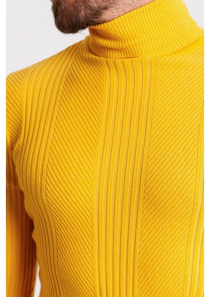 Çizgi Desenli Sarı Slim Fit Tam Balıkçı Yaka Erkek Triko Kazak