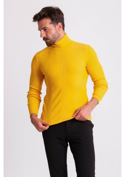 Çizgi Desenli Sarı Slim Fit Tam Balıkçı Yaka Erkek Triko Kazak