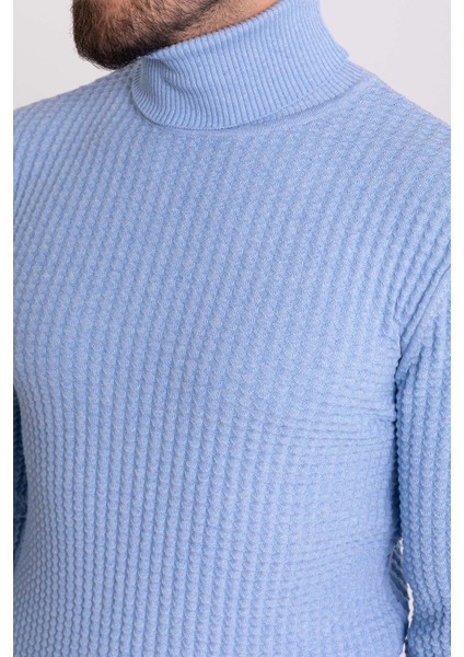 Dokulu Mavi Renk Slim Fit Tam Balıkçı Yaka Erkek Kazak fiyatları