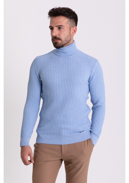 Dokulu Mavi Renk Slim Fit Tam Balıkçı Yaka Erkek Kazak fırsatları