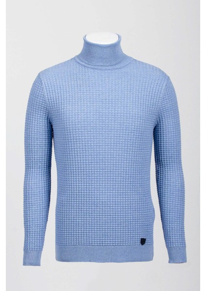 Dokulu Mavi Renk Slim Fit Tam Balıkçı Yaka Erkek Kazak indirimleri