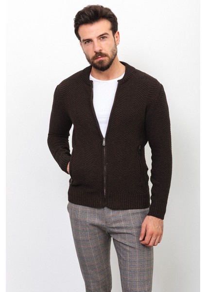 Desenli Kahverengi Slim Fit Hakim Yaka Erkek Hırka