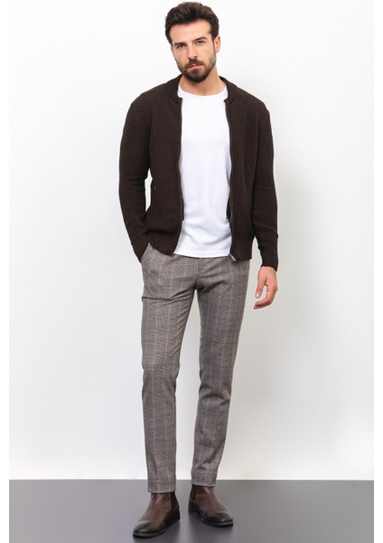 Desenli Kahverengi Slim Fit Hakim Yaka Erkek Hırka