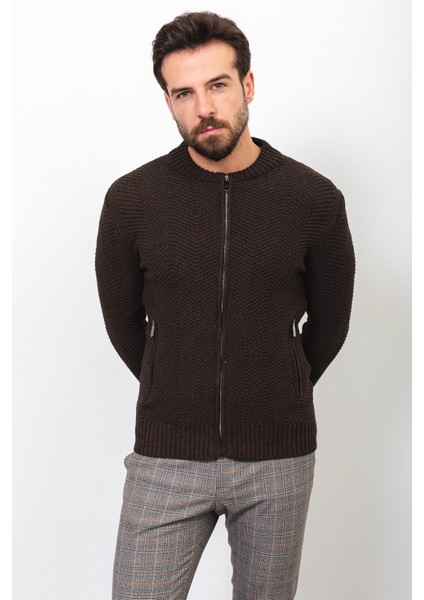 Desenli Kahverengi Slim Fit Hakim Yaka Erkek Hırka