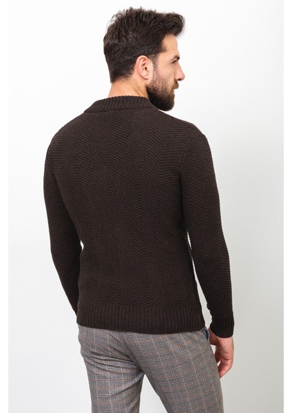 Desenli Kahverengi Slim Fit Hakim Yaka Erkek Hırka