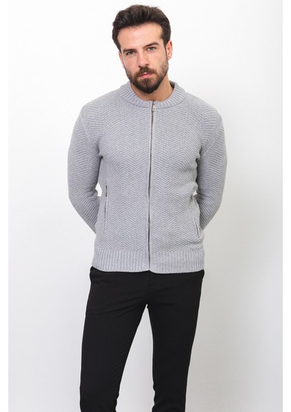 Desenli Gri Renk Slim Fit Hakim Yaka Erkek Hırka