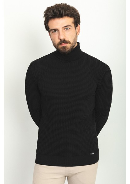Dokulu Siyah Renk Slim Fit Tam Balıkçı Yaka Erkek Kazak