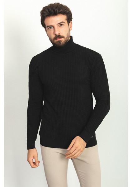 Dokulu Siyah Renk Slim Fit Tam Balıkçı Yaka Erkek Kazak