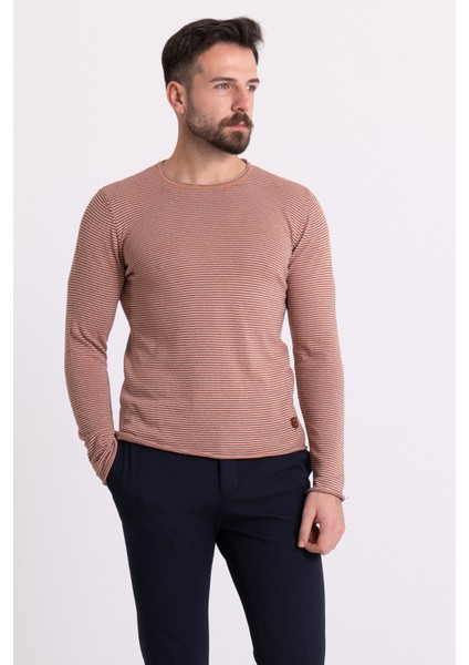 Çizgili Oranj Renk Slim Fit Uzun Kollu Bisiklet Yaka Triko