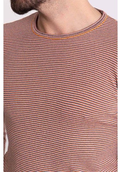 Çizgili Oranj Renk Slim Fit Uzun Kollu Bisiklet Yaka Triko