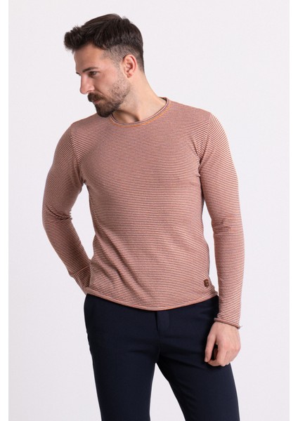 Çizgili Oranj Renk Slim Fit Uzun Kollu Bisiklet Yaka Triko