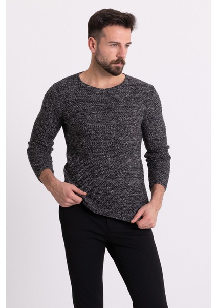 Kırçıllı Siyah Renk Slim Fit Uzun Kollu Geniş Bisiklet Yaka Erkek Kazak