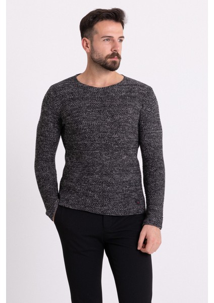 Kırçıllı Siyah Renk Slim Fit Uzun Kollu Geniş Bisiklet Yaka Erkek Kazak