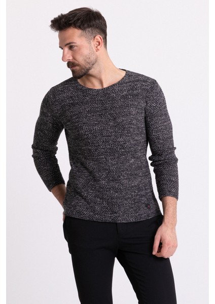 Kırçıllı Siyah Renk Slim Fit Uzun Kollu Geniş Bisiklet Yaka Erkek Kazak
