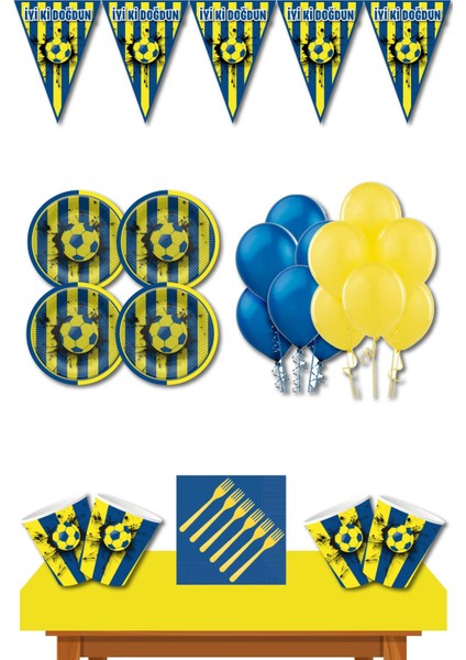 Sarı Lacivert Taraftar Parti Seti 32 Kişilik Sarı Lacivert Taraftar Doğum Günü Parti Malzemeleri Seti