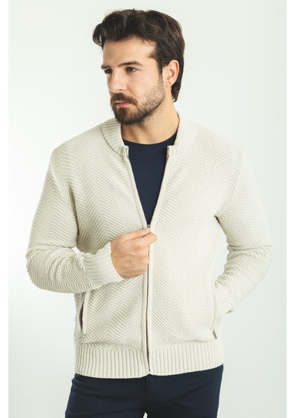 Desenli Bej Rengi Slim Fit Hakim Yaka Erkek Hırka