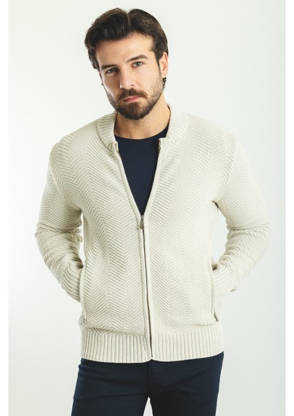 Desenli Bej Rengi Slim Fit Hakim Yaka Erkek Hırka fırsatları