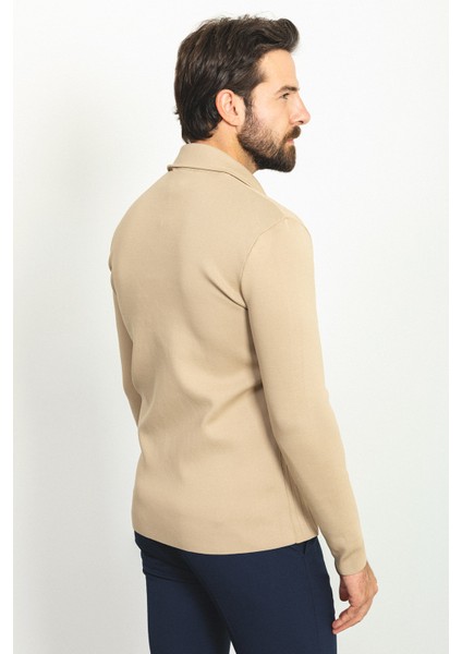 Çizgili Bej Rengi Torba Cep Slim Fit Yün Erkek Triko Ceket