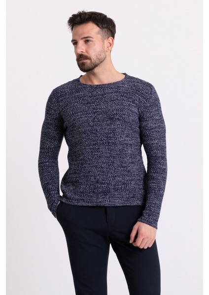 Kırçıllı Lacivert Renk Slim Fit Uzun Kollu Geniş Bisiklet Yaka Erkek Kazak