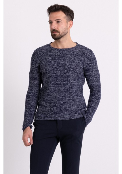 Kırçıllı Lacivert Renk Slim Fit Uzun Kollu Geniş Bisiklet Yaka Erkek Kazak fırsatları