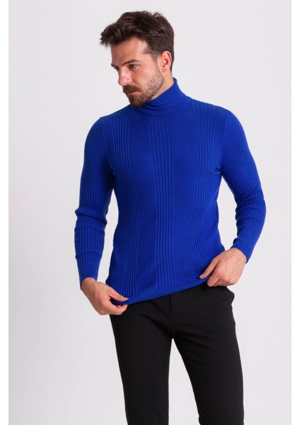 Çizgi Desenli Saks Rengi Slim Fit Tam Balıkçı Yaka Erkek Triko Kazak