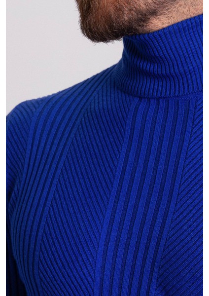 Çizgi Desenli Saks Rengi Slim Fit Tam Balıkçı Yaka Erkek Triko Kazak fiyatları