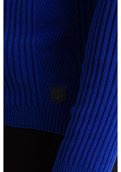 Çizgi Desenli Saks Rengi Slim Fit Tam Balıkçı Yaka Erkek Triko Kazak modelleri