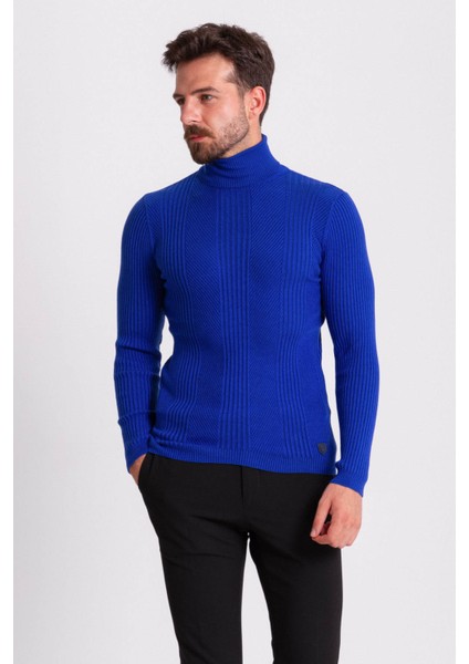 Çizgi Desenli Saks Rengi Slim Fit Tam Balıkçı Yaka Erkek Triko Kazak fırsatları