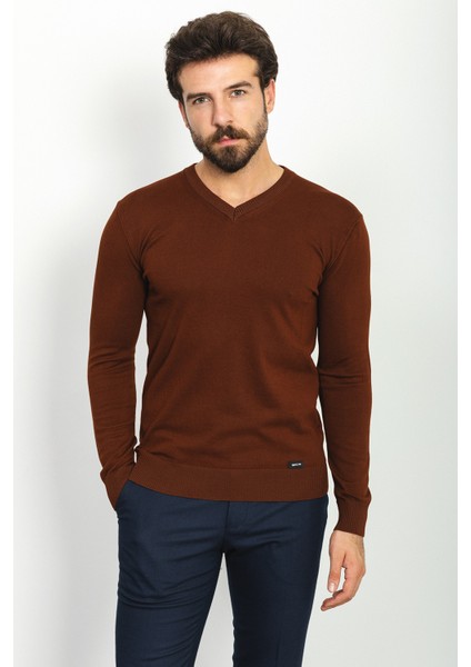 Düz Kiremit Rengi Slim Fit V Yaka Erkek Kazak