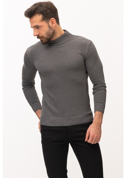 Düz Antrasit Rengi Slim Fit Erkek Yarım Balıkçı Yaka Kazak indirimleri