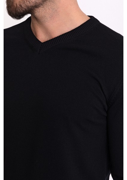 Düz Siyah Renk Slim Fit V Yaka Erkek Kazak