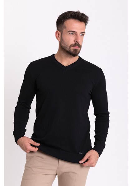 Düz Siyah Renk Slim Fit V Yaka Erkek Kazak