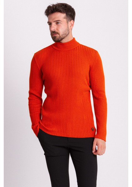 Fitilli Oranj Rengi Slim Fit Erkek Yarım Balıkçı Yaka Kazak