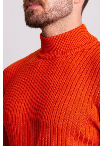 Fitilli Oranj Rengi Slim Fit Erkek Yarım Balıkçı Yaka Kazak