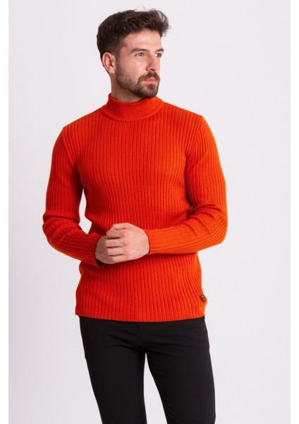 Fitilli Oranj Rengi Slim Fit Erkek Yarım Balıkçı Yaka Kazak