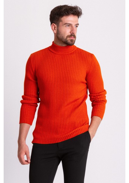 Fitilli Oranj Rengi Slim Fit Erkek Yarım Balıkçı Yaka Kazak