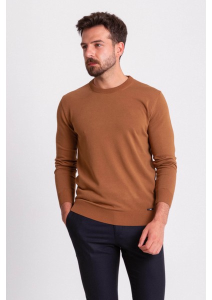 Düz Kamel Rengi Slim Fit Erkek Bisiklet Yaka Kazak