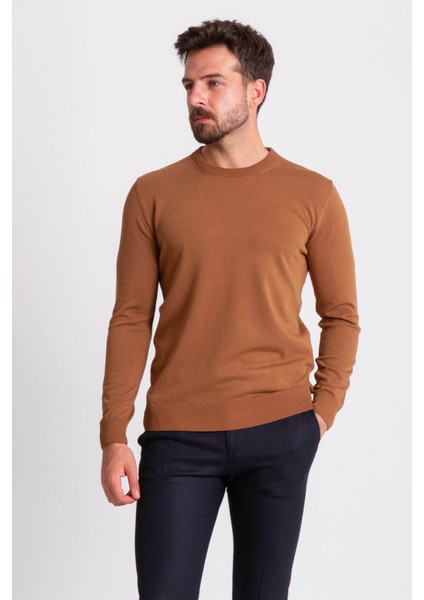Düz Kamel Rengi Slim Fit Erkek Bisiklet Yaka Kazak