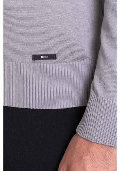 Düz Gri Renk Slim Fit Erkek Bisiklet Yaka Kazak