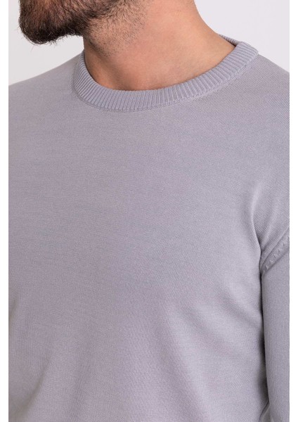 Düz Gri Renk Slim Fit Erkek Bisiklet Yaka Kazak