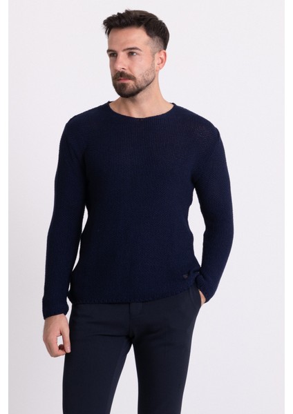 Lacivert Renk Slim Fit Bisiklet Yaka Lase Erkek Kazak
