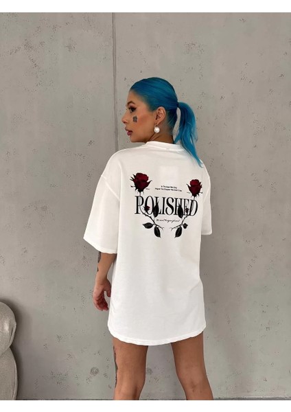 Unisex Bisiklet Yaka Baskılı Oversize T-Shirt - Beyaz